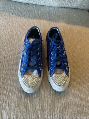 Royal Blue Rhinestone Embellished Low Top Converse Women Size 9